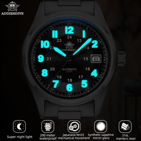 Reloj Automático ADDIESDIVE AD2048 – NH35A Mecánico, Cristal Zafiro, 200 m Sumergible y Luminiscente - Imagen 2